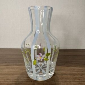 Vtg 1990s FTD Hand Painted Glass Vase Carafe Blue Stripes Purple‎ Flowers 6.5"